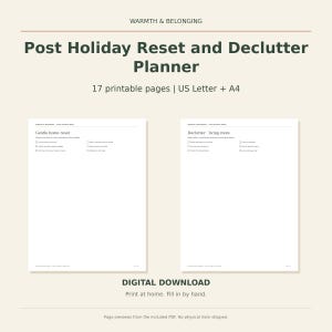 May include: A digital Post Holiday Reset and Declutter Planner with 17 printable pages in US Letter and A4 sizes. The document features checklists titled Gentle home reset and Declutter living room with checkboxes for organizing tasks.