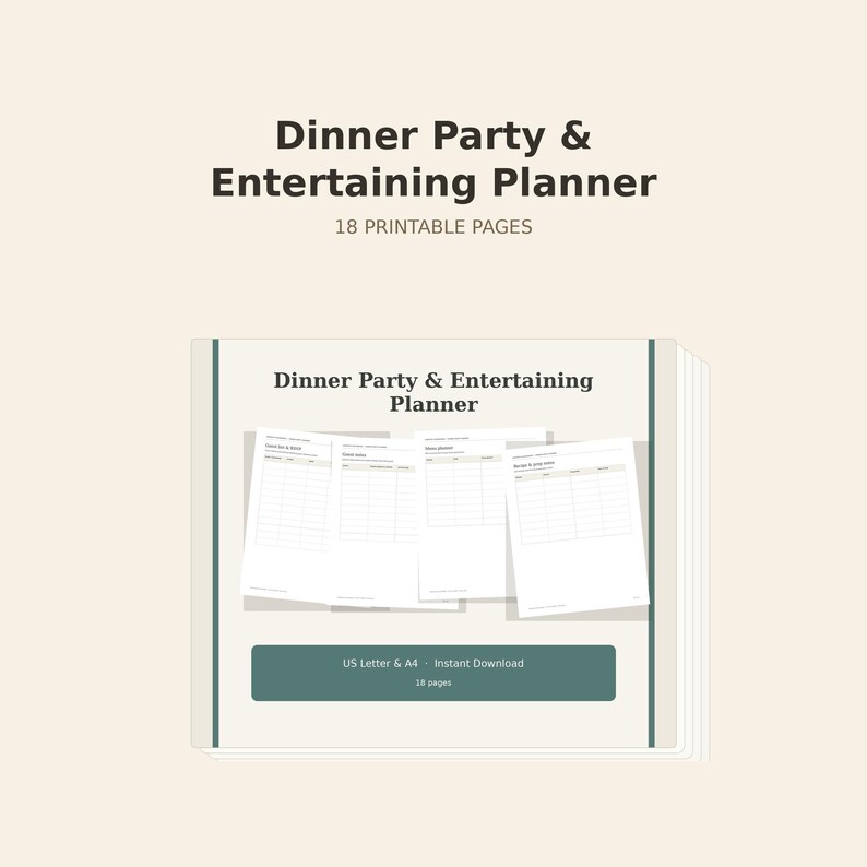 Dinner Party and Entertaining Planner, 18 printable pages, page mockup