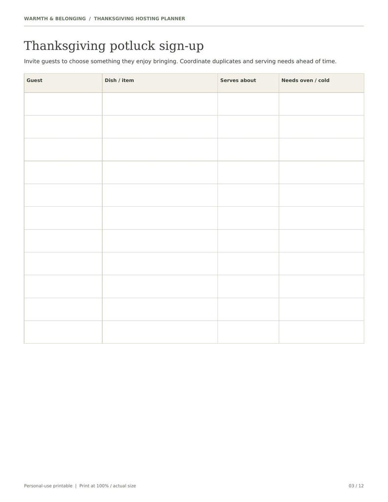 Thanksgiving hosting planner, 12 printable pages, Friendsgiving menu, guest list, potluck sign up, oven timing, seating plan, Letter A4 image 9