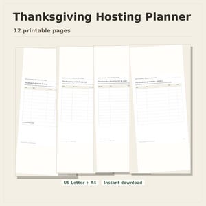 Thanksgiving Hosting Planner, 12 printable pages fanned on a desk, US Letter and A4, instant download
