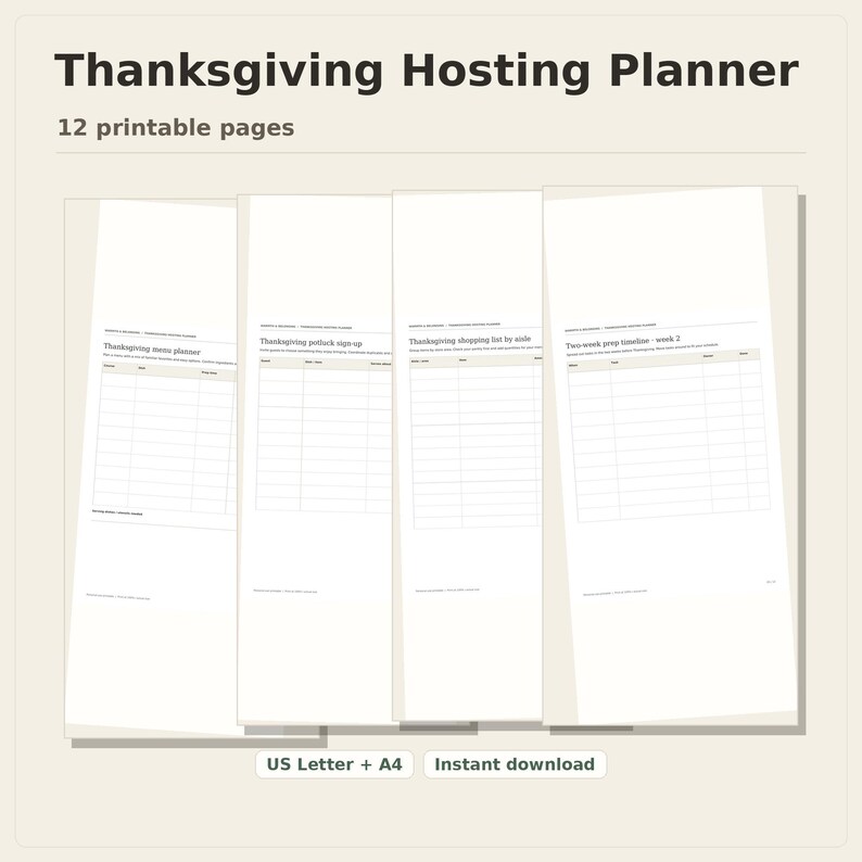 Thanksgiving Hosting Planner, 12 printable pages fanned on a desk, US Letter and A4, instant download