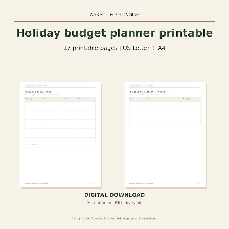 Holiday budget planner printable, 17 pages, Christmas savings challenge, sinking funds, spending log, debt payoff, Letter A4 image 1