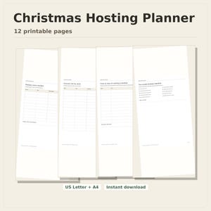 Christmas Hosting Planner, 12 printable pages fanned on a desk, US Letter and A4, instant download