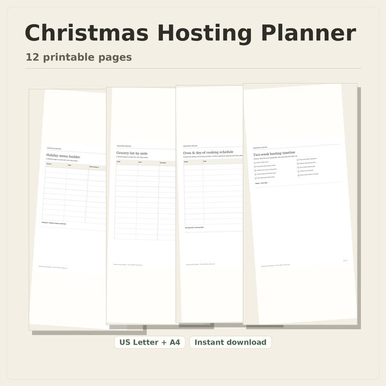 Christmas Hosting Planner, 12 printable pages fanned on a desk, US Letter and A4, instant download