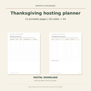 Thanksgiving hosting planner, 12 printable pages, Friendsgiving menu, guest list, potluck sign up, oven timing, seating plan, Letter A4 image 1