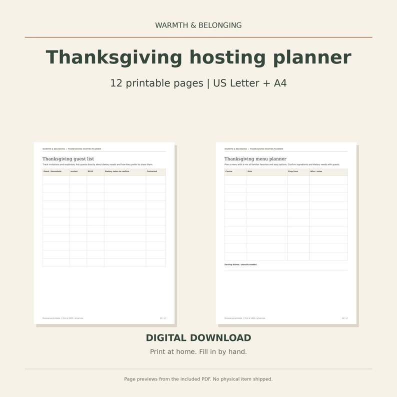 Thanksgiving hosting planner, 12 printable pages, Friendsgiving menu, guest list, potluck sign up, oven timing, seating plan, Letter A4 image 1