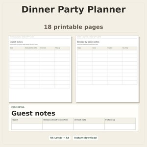 Dinner Party Planner, 18 printable pages, preview of two pages