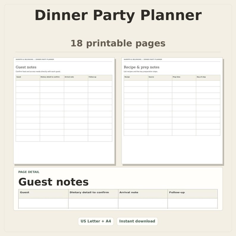 Dinner Party Planner, 18 printable pages, preview of two pages