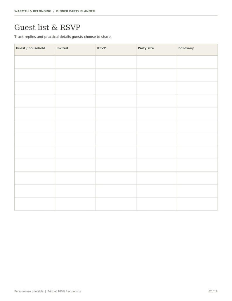 Dinner Party Planner, 18 Printable Pages, Hosting Checklist, Guest List and RSVP, Menu Planner, Seating Chart, Bar and Timeline, Letter A4 image 8