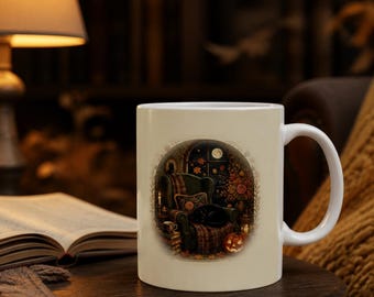 May include: A white ceramic mug featuring a circular illustration of a cozy room with a green armchair, a black cat, a pumpkin, and a window showing a night sky with a full moon. The design includes warm lighting, autumn leaves, and books.
