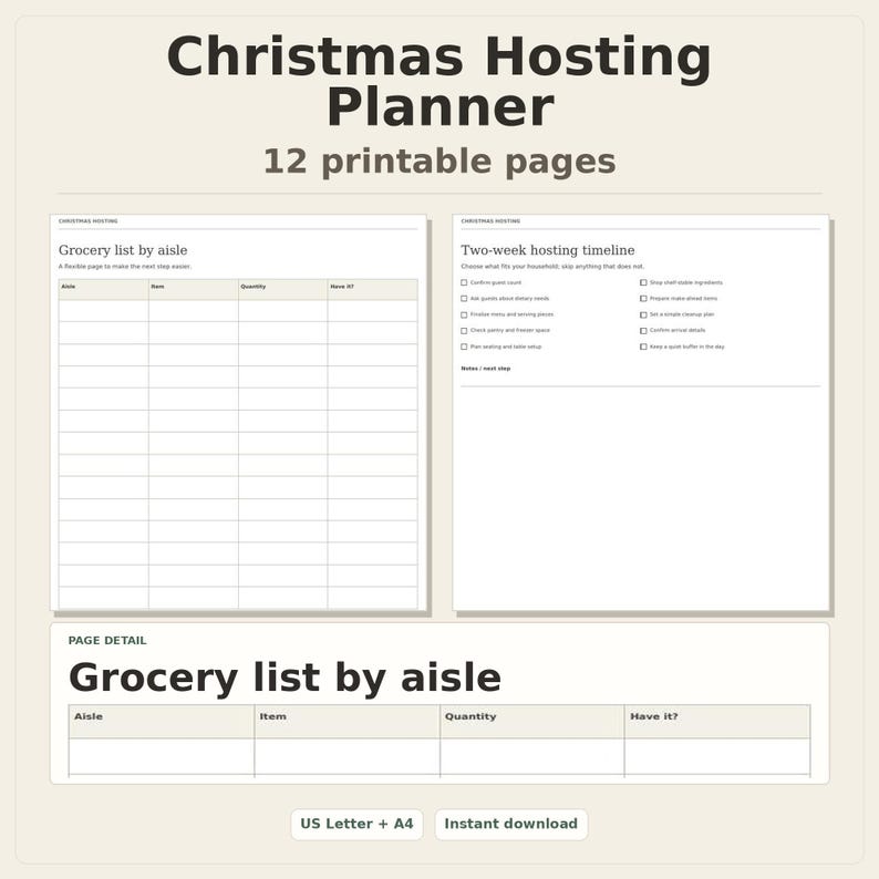 Christmas Hosting Planner, 12 printable pages, preview of two pages
