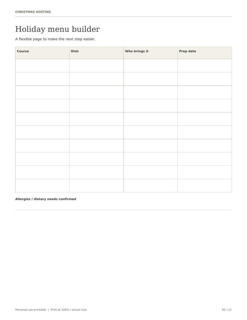 Christmas Hosting Planner, 12 Printable Pages, Holiday Dinner Planner, Guest List, Menu, Cooking Schedule, Seating Plan image 7