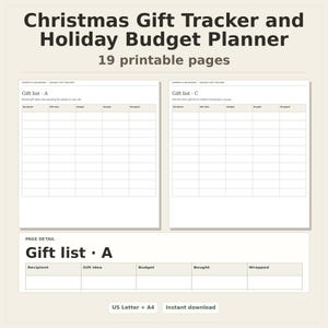 Christmas Gift Tracker and Holiday Budget Planner, 19 printable pages, preview of two pages
