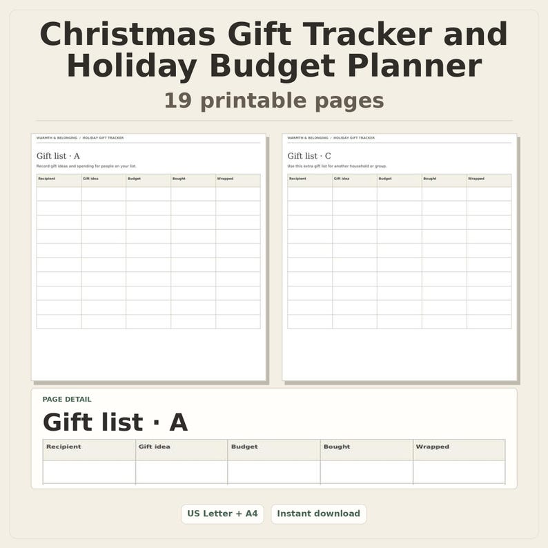 Christmas Gift Tracker and Holiday Budget Planner, 19 printable pages, preview of two pages