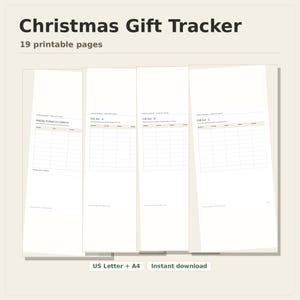Christmas Gift Tracker, 19 printable pages fanned on a desk, US Letter and A4, instant download