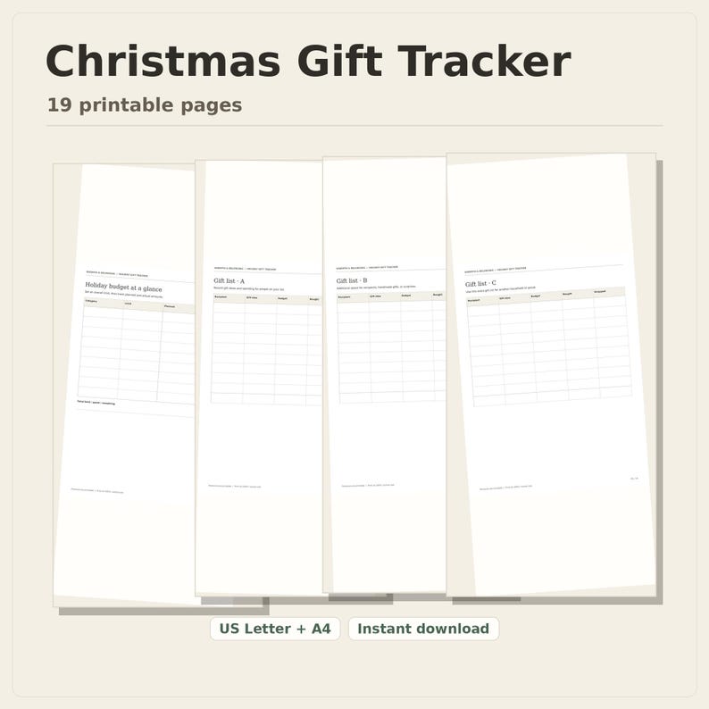 Christmas Gift Tracker, 19 printable pages fanned on a desk, US Letter and A4, instant download