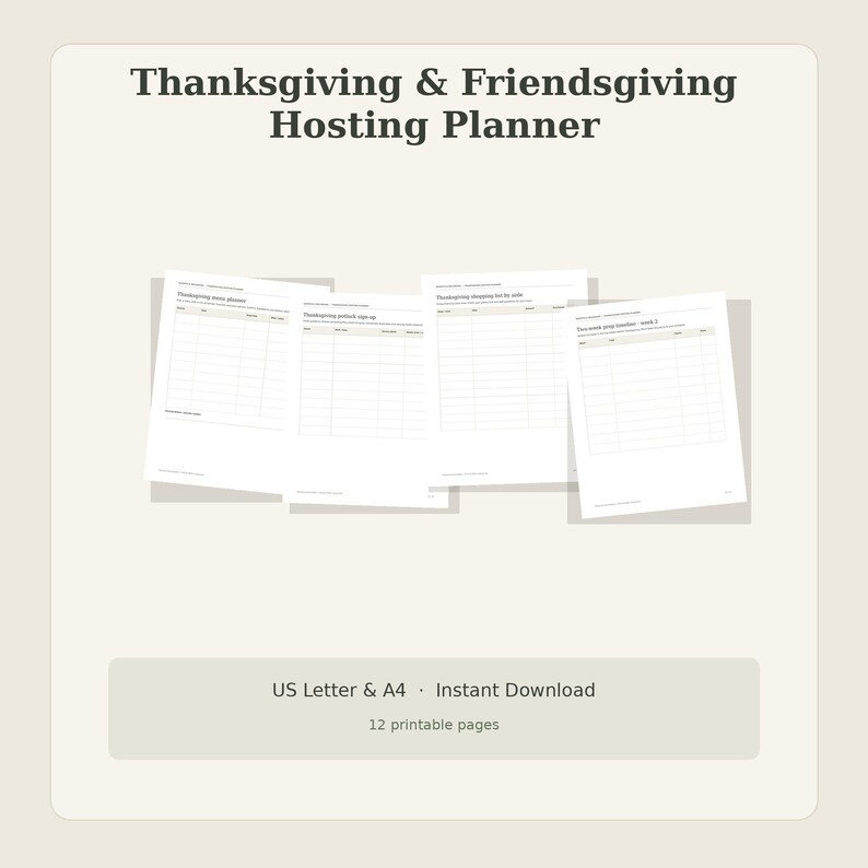 Thanksgiving hosting planner, 12 printable pages, Friendsgiving menu, guest list, potluck sign up, oven timing, seating plan, Letter A4 image 7
