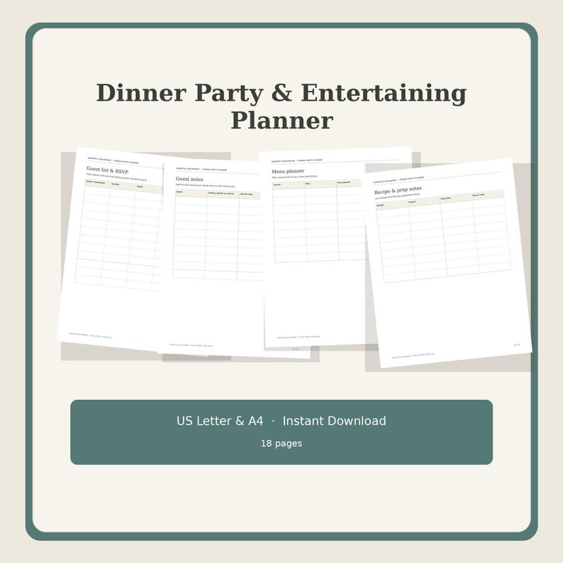 Dinner Party Planner, 18 Printable Pages, Hosting Checklist, Guest List and RSVP, Menu Planner, Seating Chart, Bar and Timeline, Letter A4 image 7