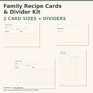 May include: A family recipe cards and divider kit featuring two card sizes and dividers. The set includes templates with fields for recipe name, from, serves, ingredients, and method, plus a recipe index page. Text includes Family Recipe Cards & Divider Kit, 2 CARD SIZES + DIVIDERS, Breakfast, and Recipe index.