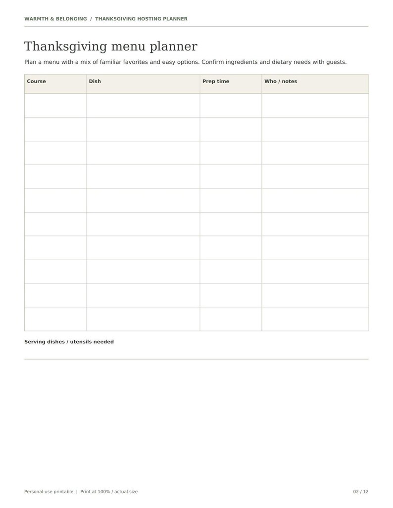 Thanksgiving hosting planner, 12 printable pages, Friendsgiving menu, guest list, potluck sign up, oven timing, seating plan, Letter A4 image 8