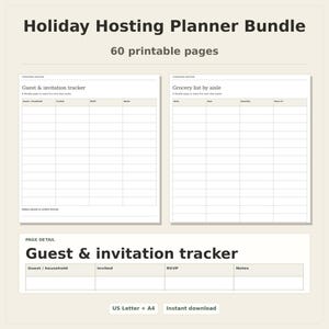 Holiday Hosting Planner Bundle, 60 printable pages. Two sample pages shown: guest and invitation tracker, grocery list by aisle. US Letter and A4, instant download.