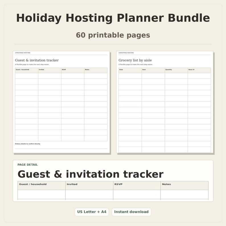 Holiday Hosting Planner Bundle, 60 printable pages. Two sample pages shown: guest and invitation tracker, grocery list by aisle. US Letter and A4, instant download.