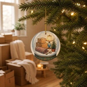 May include: A round ceramic Christmas ornament hanging from a tree branch. The ornament features a snow globe illustration containing two stacked cardboard boxes, a table lamp, a small potted evergreen tree, a rolled rug, and a metal key.