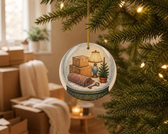 May include: A round ceramic Christmas ornament hanging from a tree branch. The ornament features a snow globe illustration containing two stacked cardboard boxes, a table lamp, a small potted evergreen tree, a rolled rug, and a metal key.
