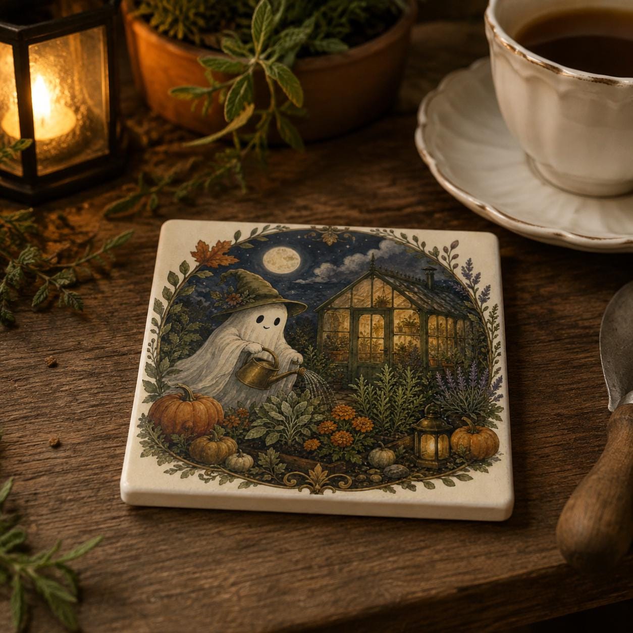 Moonlit Ghost Garden illustrated ceramic coaster