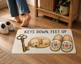 Keys Down Feet Up Dog Doormat, Housewarming Gift, New Home Gift
