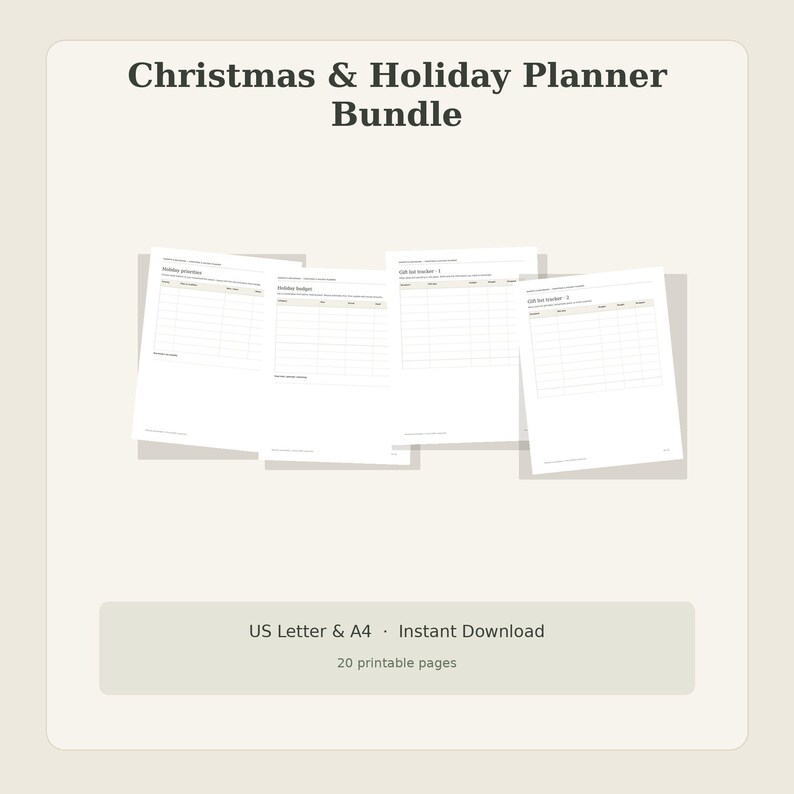 Christmas holiday planner bundle, 20 printable pages, gift list tracker, holiday budget, card list, meal and baking planner, Letter A4 image 5