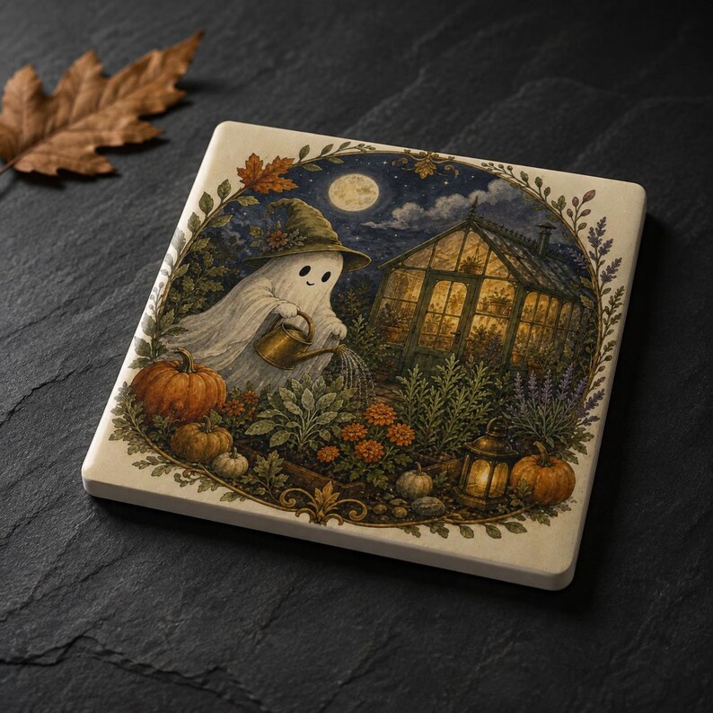 Posavasos de cerámica con diseño de jardín fantasma a la luz de la luna, decoración otoñal acogedora y espeluznante. imagen 2