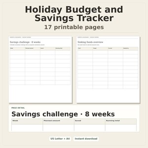 Holiday Budget and Savings Tracker, 17 printable pages, preview of two pages