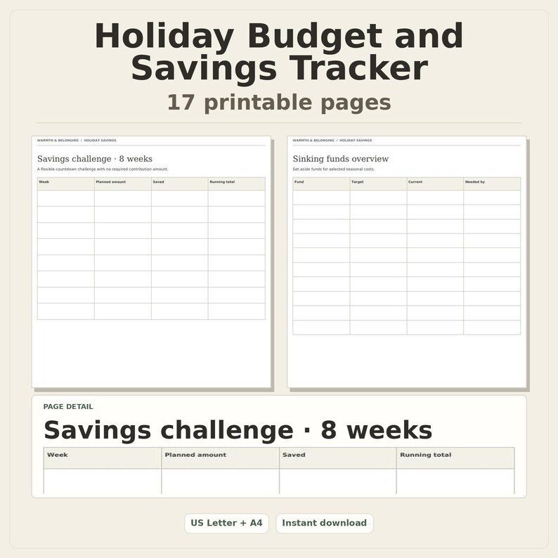 Holiday Budget and Savings Tracker, 17 printable pages, preview of two pages