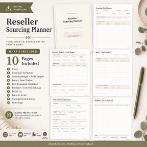 May include: A digital Reseller Sourcing Planner set featuring ten printable pages including a cover, sourcing trip planner, budget and profit targets, route and store tracker, item evaluation worksheet, purchase log, BOLO list, and notes page.