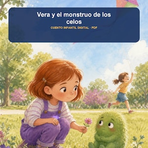 Puede incluir: Un cuento infantil digital en formato PDF titulado Vera y el monstruo de los celos. La ilustración muestra a una niña de pelo castaño rojizo con peto morado agachada para ofrecer una flor rosa a una pequeña criatura verde y peluda.