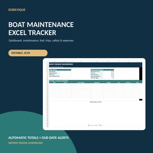 Könnte beinhalten: Eine digitale Excel-Tabellenvorlage zur Bootswartung von DOREVIQUE. Die Benutzeroberfläche zeigt ein Bootsbesitzer-Dashboard mit Abschnitten für Schiffsprofil, Jahresübersicht und anstehende Wartungsprotokolle im bearbeitbaren .xlsx-Format.