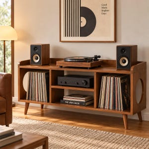 Könnte beinhalten: Ein hölzernes Medienmöbel im Mid-Century-Stil mit konischen Beinen, zwei seitlichen kreisförmigen Aussparungen, offenen Regalen für Schallplatten, einem zentralen Verstärker sowie einem Plattenspieler und zwei Lautsprechern mit beigen Membranen.