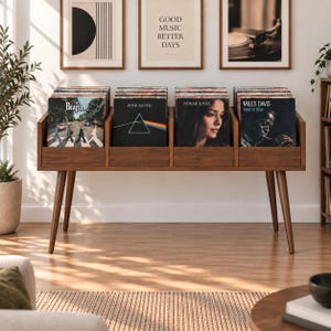 May include: A wooden vinyl record storage console with four open compartments, supported by four tapered legs. The unit holds multiple vinyl records, including albums by The Beatles, Pink Floyd, Norah Jones, and Miles Davis, displayed in a row.