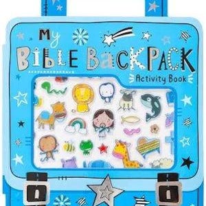 May include: A light blue activity book shaped like a backpack titled My Bible Backpack. The cover features a window displaying various colorful cartoon stickers of animals, a rainbow, and a figure. It includes the text With SHINY FOIL stickers.