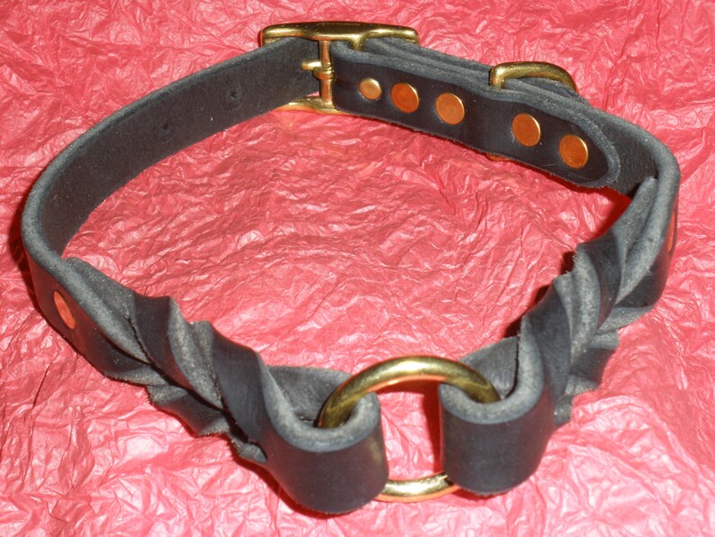 Puede incluir: Un collar de cuero negro con un dise&ntilde;o trenzado, asegurado con una hebilla y herrajes de lat&oacute;n. El collar incluye un anillo central de lat&oacute;n y est&aacute; sujeto con varios remaches de lat&oacute;n a lo largo de la correa, creando un accesorio resistente.