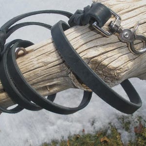Pu&ograve; includere: Un guinzaglio in pelle nera caratterizzato da una sezione intrecciata e un moschettone girevole in metallo color argento. Il guinzaglio &egrave; realizzato con una cinghia di pelle piatta e include un piccolo rivetto metallico vicino all'impugnatura.