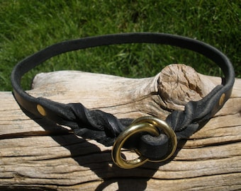 May include: A black leather dog collar with a braided design and a gold metal ring.
