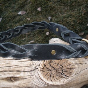 Pu&ograve; includere: Un collare in pelle nera caratterizzato da un design intrecciato con una sezione in pelle liscia e piatta fissata da un rivetto in ottone. Il collare include un anello circolare in ottone per l'aggancio, mostrando una costruzione resistente.