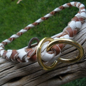 BRAIDED slip collar, 3/8&quot; X 24&quot;, Camel & WHITE, solid brass rings, made in U S A by Don Willett, general use, dog show collar, 4 strand