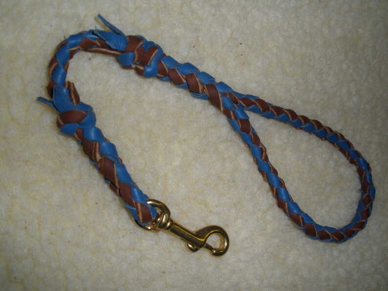 Pu&ograve; includere: Un guinzaglio in pelle intrecciata caratterizzato da fili alternati di colore marrone e blu brillante. Il guinzaglio include un moschettone girevole in metallo color oro lucido fissato a un'estremit&agrave;, con un'impugnatura ad anello in pelle.