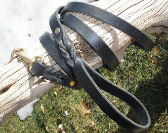 Leather dog leash, 5/8" X 6'-5.5",  BLACK veg./chrome tanned, solid brass snap & rivets,  FANTASTIC show leash for German Shepherds