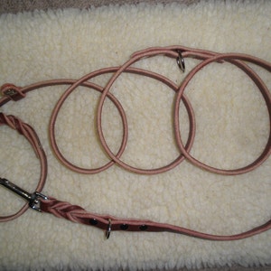 May include: A brown leather dog lead with a braided section and multiple metal rings.