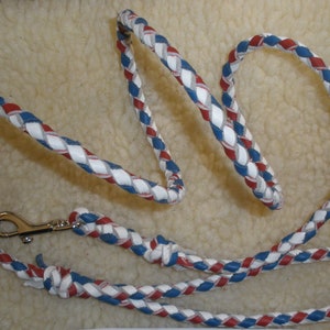 Puede incluir: Una correa trenzada que presenta un patr&oacute;n repetitivo de tiras de cuero en colores rojo, blanco y azul. La correa incluye un gancho de seguridad giratorio de metal plateado brillante en un extremo para una sujeci&oacute;n segura al usarla.