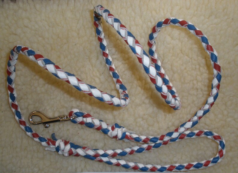 Puede incluir: Una correa trenzada que presenta un patr&oacute;n repetitivo de tiras de cuero en colores rojo, blanco y azul. La correa incluye un gancho de seguridad giratorio de metal plateado brillante en un extremo para una sujeci&oacute;n segura al usarla.